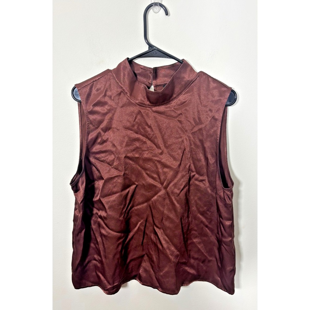 Rails XL Mock Neck Tank Top Silky/Satin Sleeveless Blouse Women's Brown